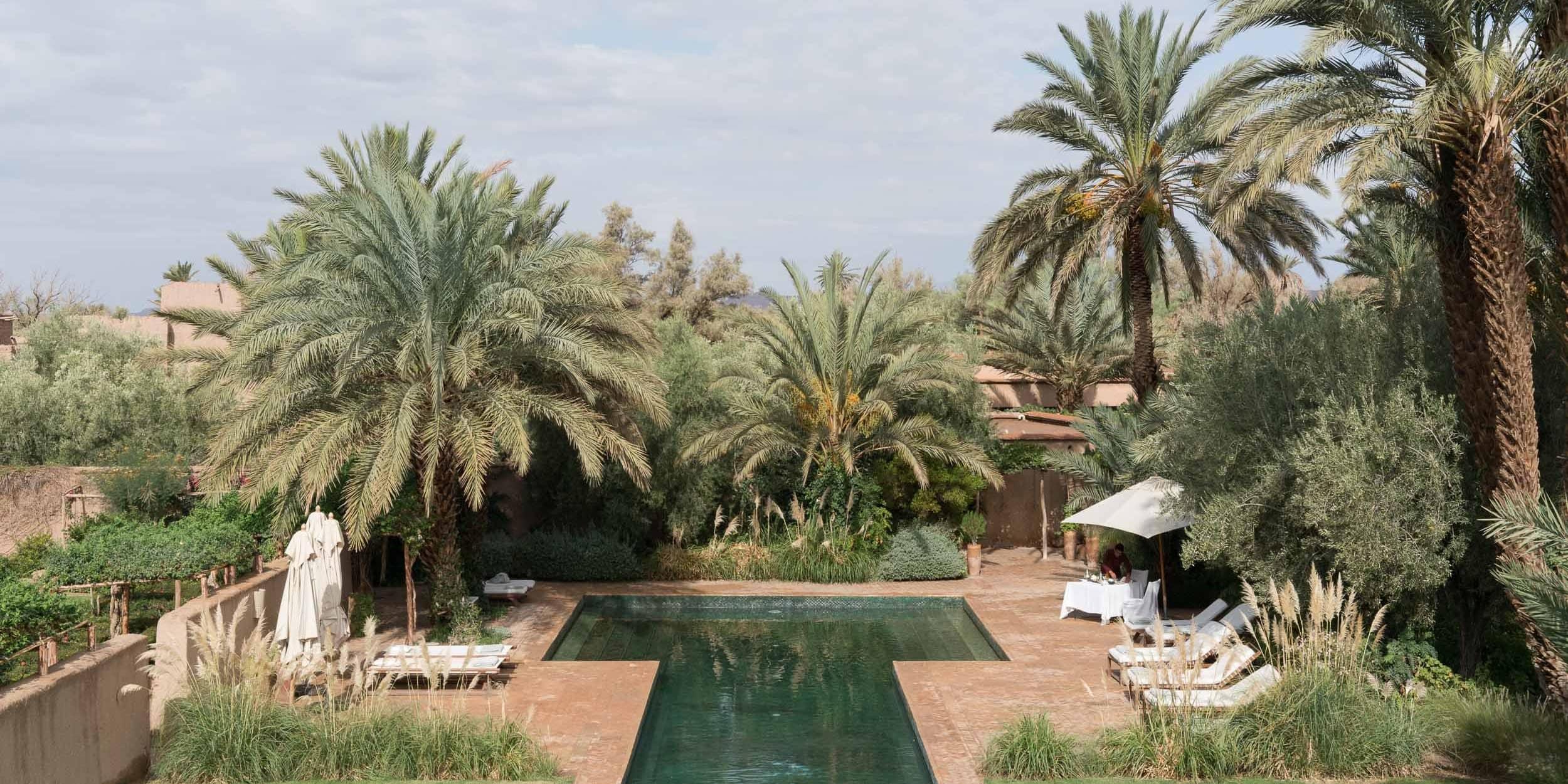 The elegant grounds of Dar Ahlam featuring a stunning pool oasis, encircled by lush greenery and mature palms, with a tastefully arranged al fresco dining area.