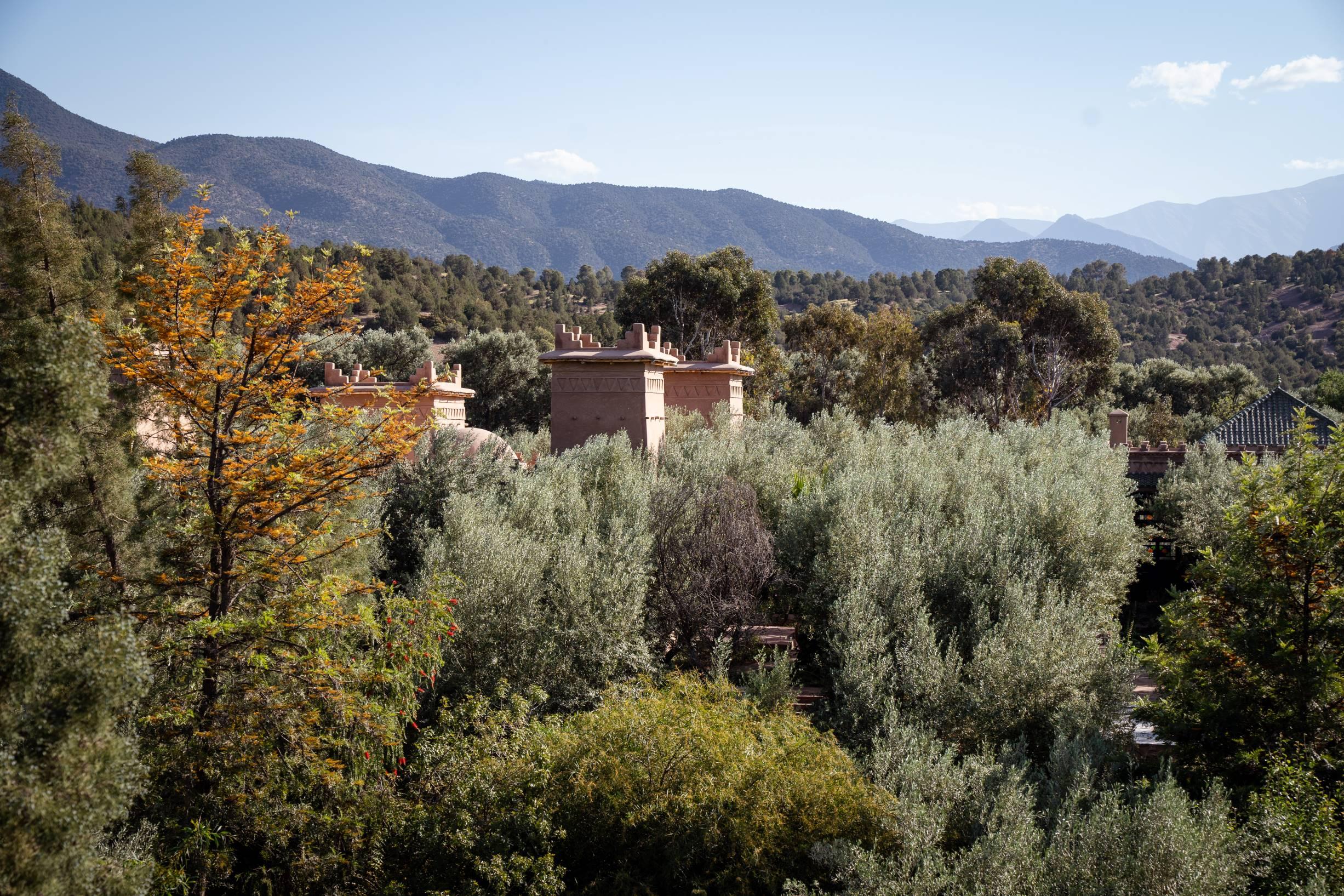 Secluded retreat among Atlas Mountains, with lush greenery and traditional architecture. Olinto Atlas Mountain Retreat