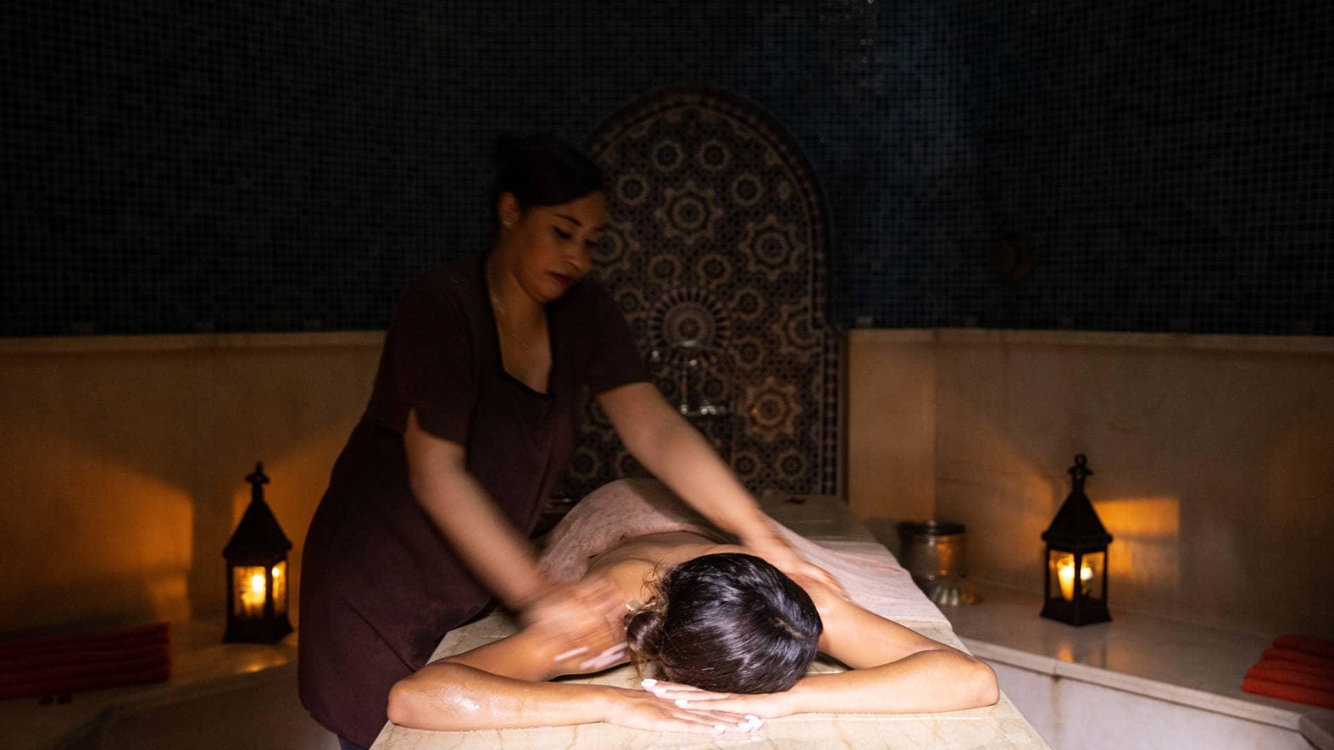 Indulge in relaxation at the spa in Kasbah Tamadot, where traditional Moroccan décor creates a serene ambiance.